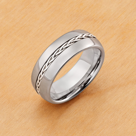 TR217 - Rhodium Plating - Tungsten Ring 8mm, Grooved with Braided Sterling Silver Insert