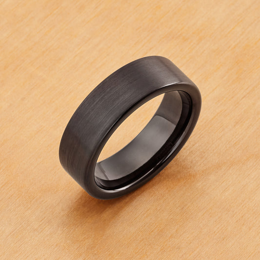 TR232  - Black Plating - Tungsten Ring 7mm, Black IP Plated Brushed Pipe Cut Band