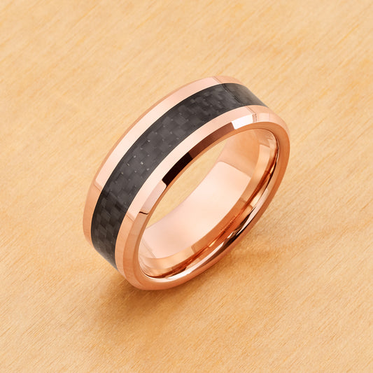 TR328 - Rose Gold Plating - Tungsten Ring 8mm, High Polish Rose Gold Plated with Black Carbon Fiber Inlay and Beveled Edge