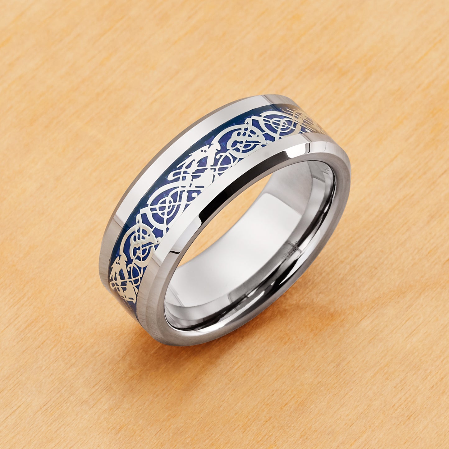 TR367 - Rhodium Plating - Tungsten Ring 8mm, Shiny Beveled Edge with Blue Celtic Dragon Cut-out Inlay