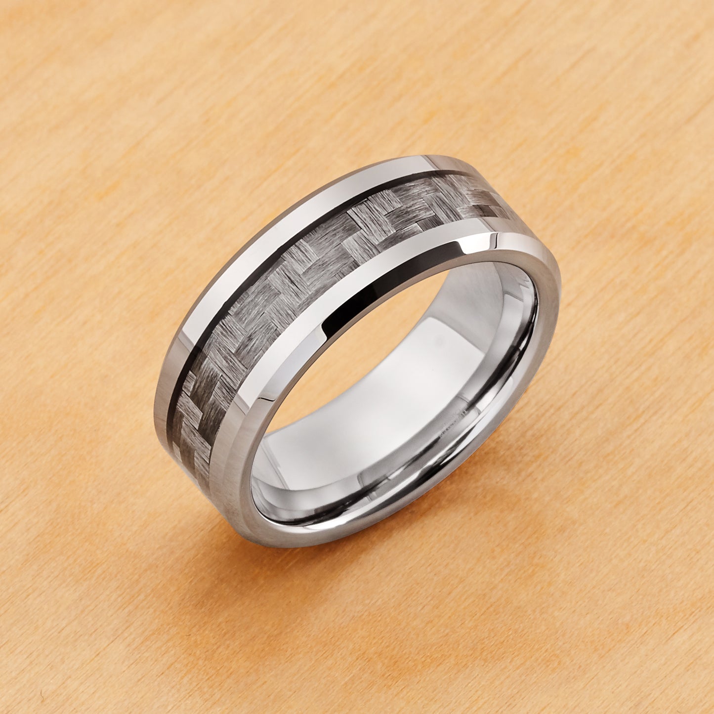 TR375 - Rhodium Plating - Tungsten Ring 8mm, Dark Grey Carbon Fiber Weave Inlay