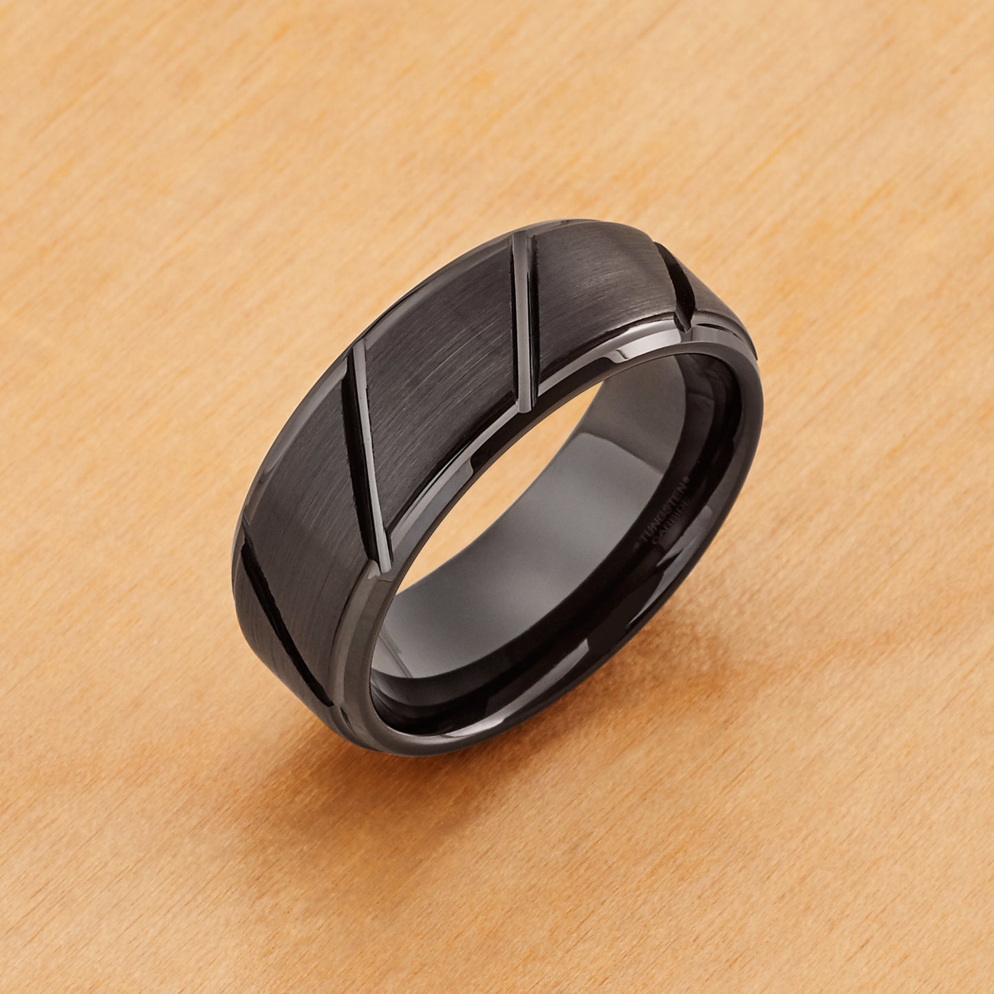 TR602 - Black  Plating - Tungsten Ring 8mm, Black IP Plated Multiple Diagonal Grooves Brushed Center