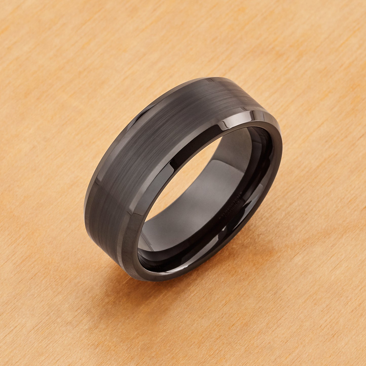 TR663 - Tungsten Ring 8mm, Black IP Plated Brushed Center Shiny on each side Beveled Edge