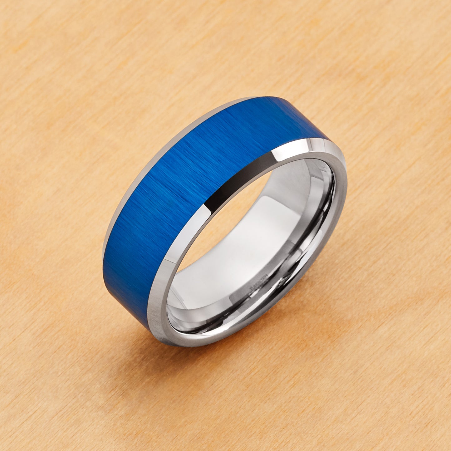 TR705 - Blue Plating - Tungsten Ring 8mm, Blue IP Reflective Finish Beveled Edge