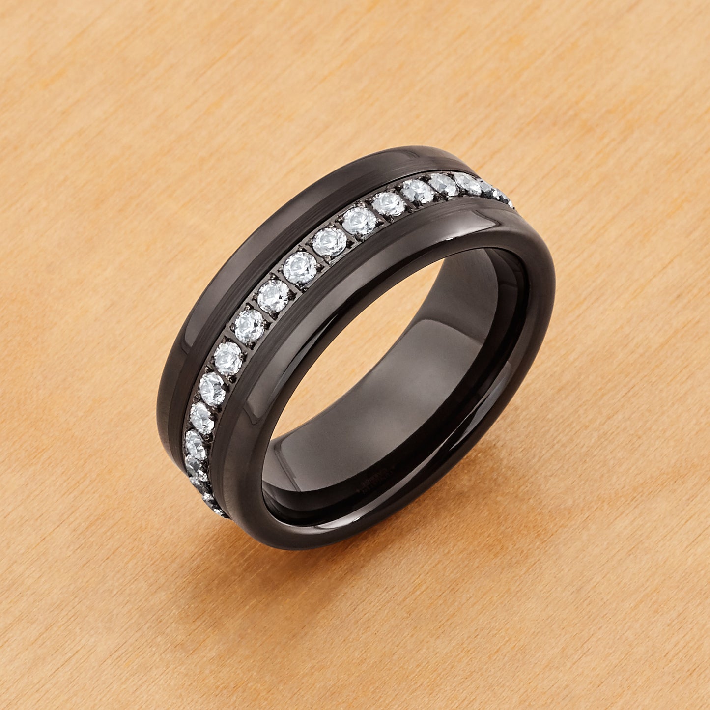TR773 - Black Plating - Tungsten Ring 8mm, Prong-set Round White CZs Eternity Band Black IP Plated Brush Finish Low Stepped Edge