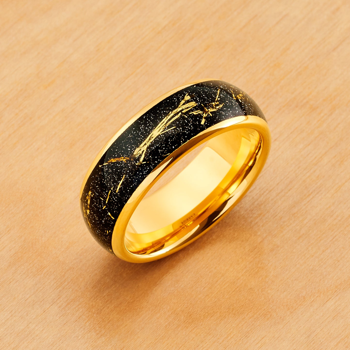TR831 - Yellow Plating - Tungsten Ring 8mm, Yellow Gold IP Plated Domed Ring with Imitation Meteorite Inlay