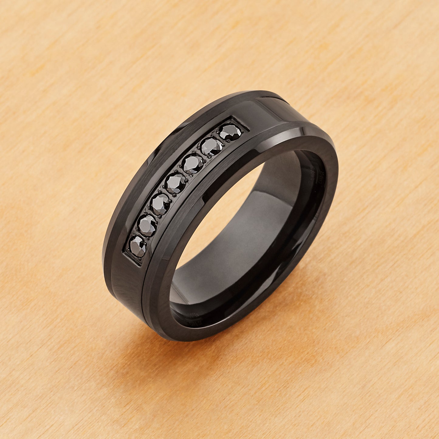 TR888 - Black Plating - Tungsten Ring 8mm, Black IP Plated Beveled Edge with 7 Black CZ