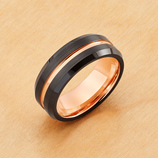 TR906 - Rose Gold Plating - Tungsten Ring 8mm, Black Ring Rose Gold Plated Inside and Grooved Center