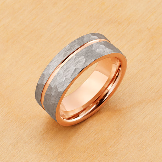 TR908 - Rose Gold Plating - Tungsten Ring 8mm, Grooved Hammered Finish and Rose Gold IP Plated Inside