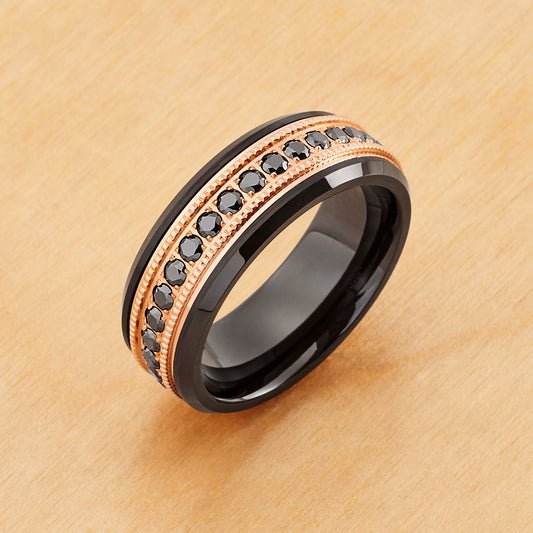 TR909 - Black and Rose Gold Plating - Tungsten Ring 8mm, Black and Rose Gold IP Plated Milgrain Black CZ Round Cut Eternity