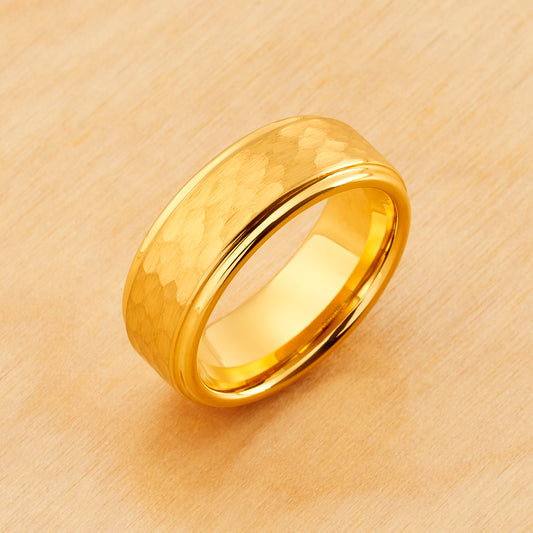 TR912 - Yellow Plating - Tungsten Ring 8mm, Yellow IP Plated Hammered Center with Stepped Edge