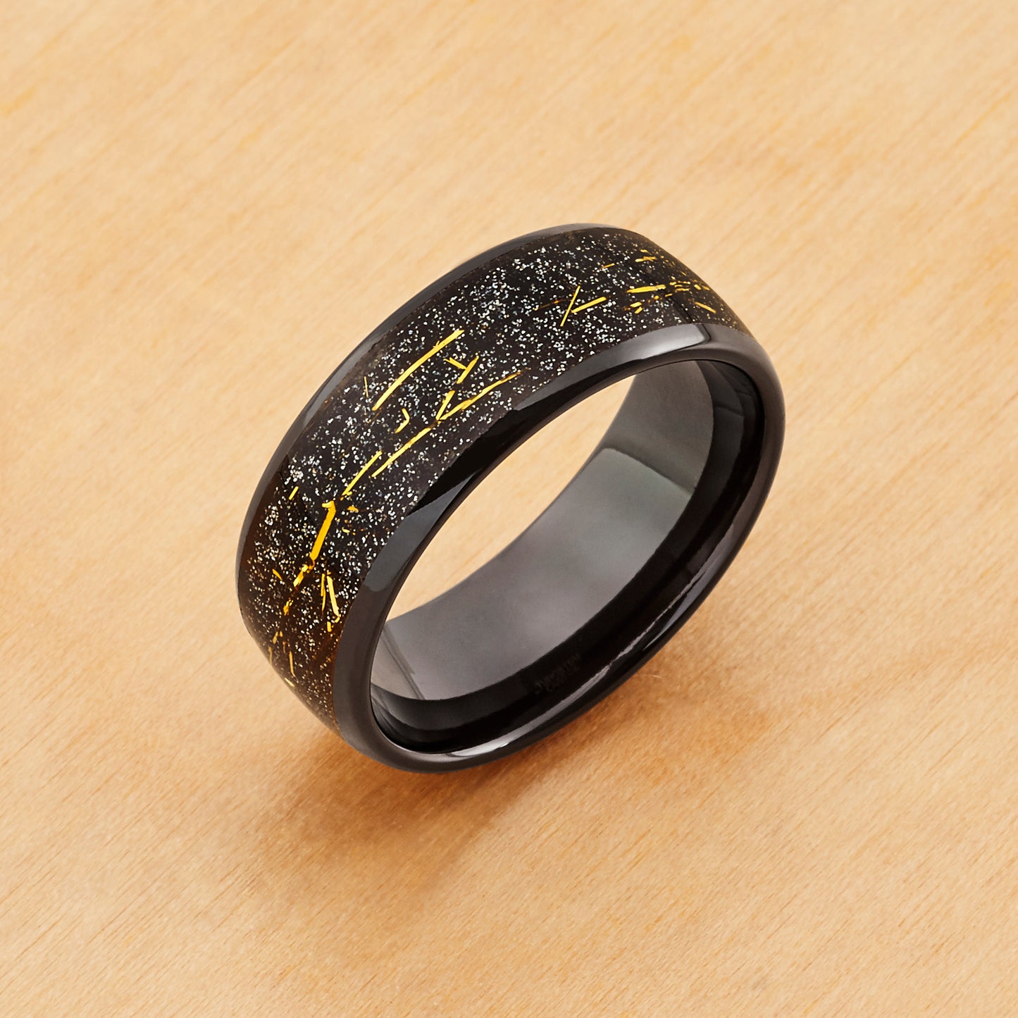 TR913 - Black Plating - Tungsten Ring 8mm, Black IP Plated Domed Ring with Imitation Yellow Meteorite Inlay
