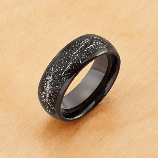 TR914 - Black Plating - Tungsten Ring 8mm, Black IP Plated Dome Ring with Imitation Black Meteorite Inlay