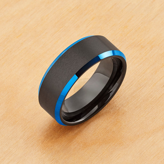 TR915 - Black Plating - Tungsten Ring 8mm, Blue IP Beveled Edge