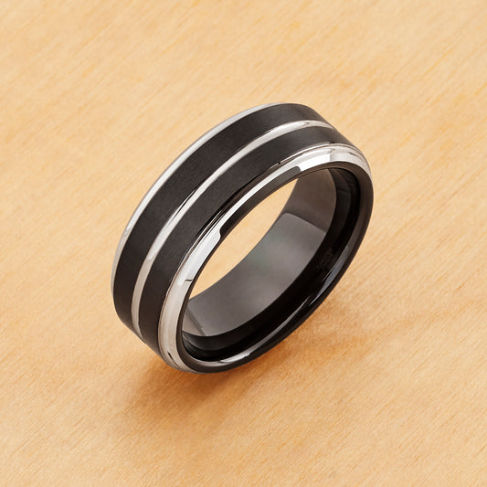 TR916 - Black Plating - Tungsten Ring 8mm, Black IP Plated Pinstripe Beveled Edge