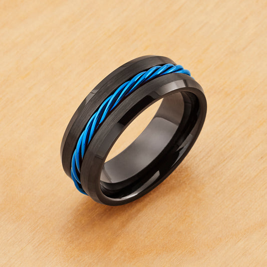 TR917 - Black Plating - Tungsten Ring 8mm, Black IP Beveled Edge with Blue IP Plated Rope Inlay