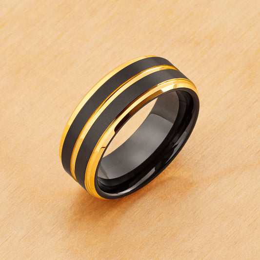 TR918 - Black and Yellow Plating - Tungsten Ring 8mm, Black and Yellow Plated Pinstripe Beveled Edge