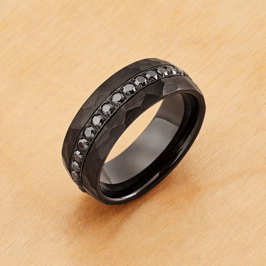 TR920 - Black Plating - Tungsten Ring 8mm, Hammered IP Plated Prong-set Round-cut Black CZ Eternity