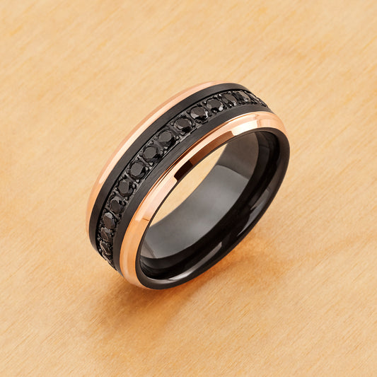 TR925 -Black Plating - Tungsten Ring 8mm, Black IP Plated Rose Gold IP Edges Black CZ Round Cut Eternity