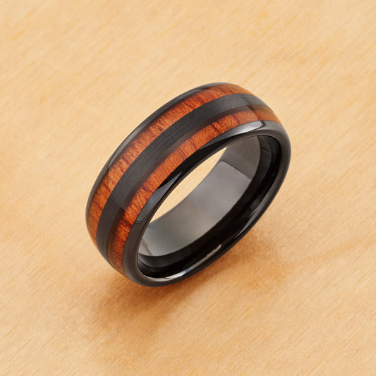 TR927 - Black Plating - Tungsten Ring 8mm, Black IP and Koa Wood Inlay