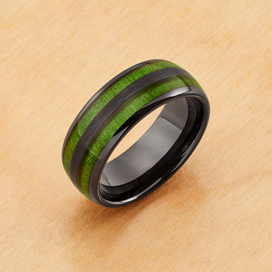 TR928 - Black Plating - Tungsten Ring 8mm, Black IP and Jade Wood Inlay