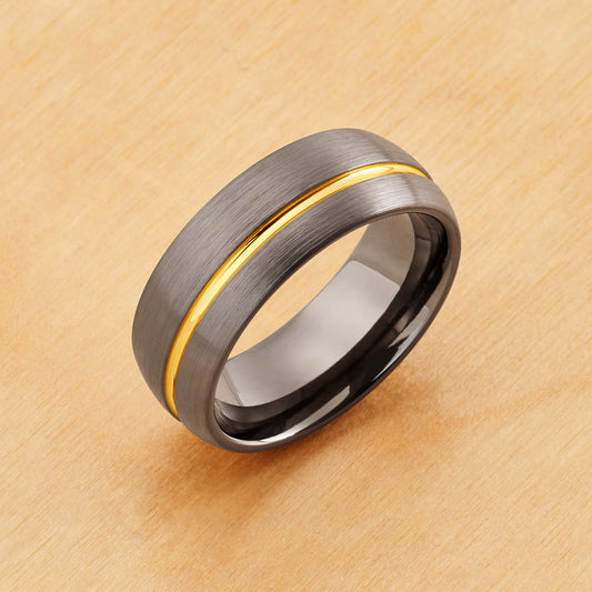 TR929 - Tungsten Ring 8mm, Gun Metal IP Plated Brushed Domed with Off Center Yellow IP Strip