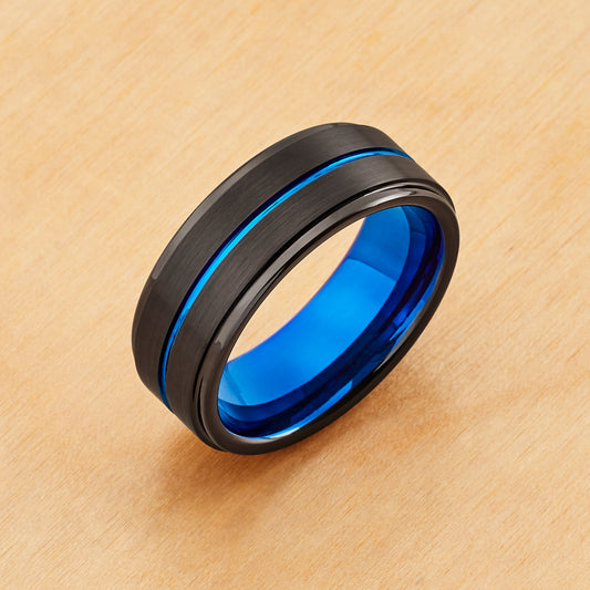 TR930 - Black Plating - Tungsten Ring 8mm, Black IP with Blue Grooved Center Stepped Edge