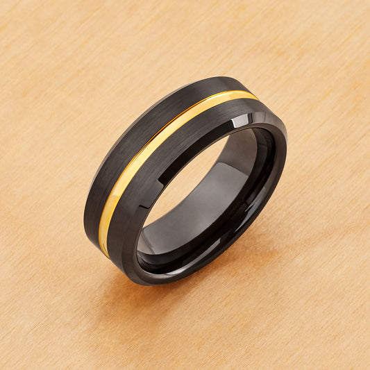 TR932 - Black Plating - Tungsten Ring 8mm, Black IP with Yellow Gold IP Grooved Center Beveled Edge