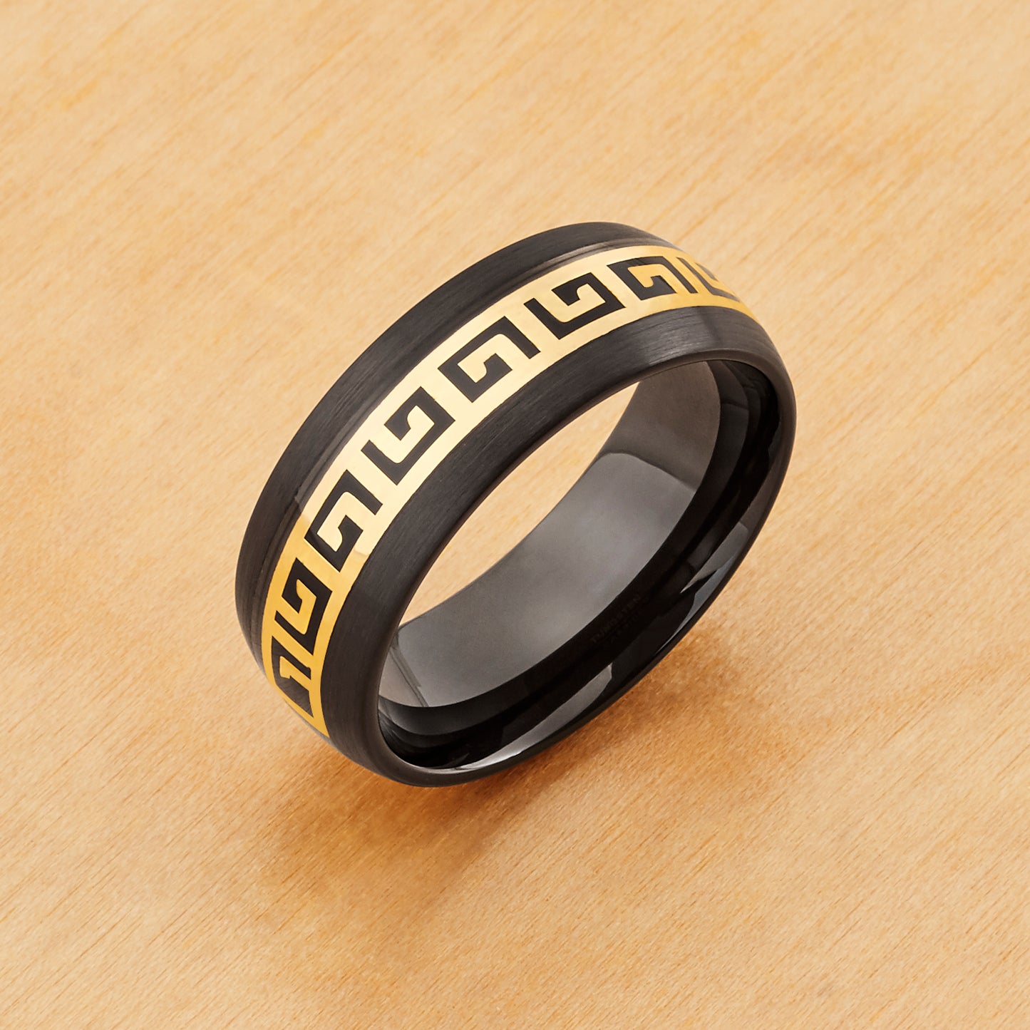TR933 - Black Plating - Tungsten Ring 8mm, Black IP Dome Ring Yellow IP Plated Greek Key Inlay