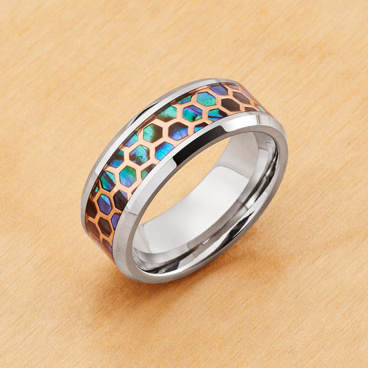 TR936 - Tungsten Ring 8mm, Honeycomb Cut-out over Abalone Inlay Beveled Edge