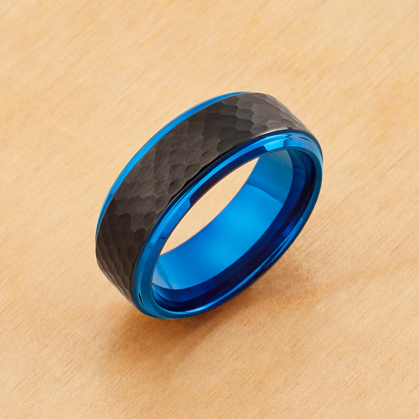 TR937 - Black Plating - Tungsten Ring 8mm, Black IP Hammered Center with Blue IP Stepped Edge