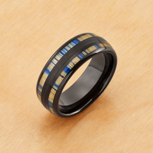 TR940 - Black Plating - Tungsten Ring 8mm, Black IP and Dyed Bamboo Inlay