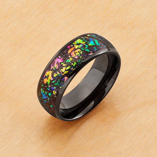 TR941 - Black Plating - Tungsten Ring 8mm, Black IP with Synthetic Opal and Abalone Fragments Inlay