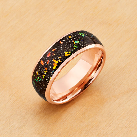 TR943 - Rose Gold Plating - Tungsten Ring 8mm, Rose Gold IP Domed with Synthetic Opal and Abalone Fragments Inlay