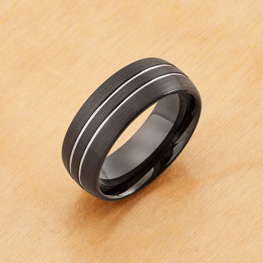 TR945 - Black Plating - Tungsten Ring 8mm, Domed Black IP Plated Double Striped Center