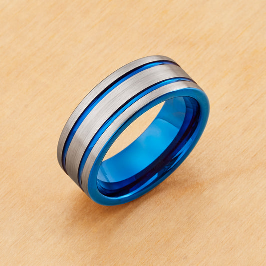 TR948 - Blue Plating - Tungsten Ring 8mm, Pipe Cut Blue IP Plated Double Striped Center