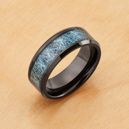 TR964 - Black Plating - Tungsten Ring 8mm, Black IP Plated with Blue Silk Thread Inlay