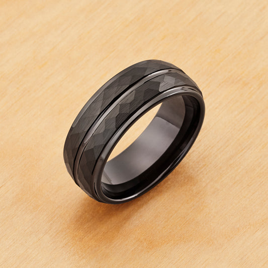 TR968 - Black Plating - Tungsten Ring 8mm, Black IP Diamond-Faceted Finish with Center Groove