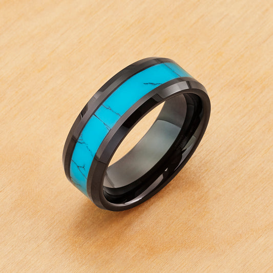 TR971 - Black Plating - Tungsten Ring 8mm, Black IP with Natural Blue Turquoise Inlay Beveled Edge