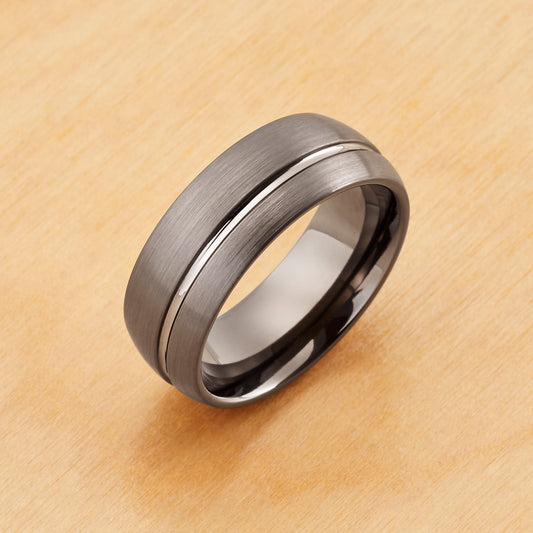 TR975 - Tungsten Ring 8mm, Gun Metal IP Plated Domed Brushed Off-center Groove