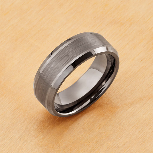 TR976 - Tungsten Ring 8mm, Gun Metal IP Plated Brushed Center Shiny Lines on each side Beveled Edge