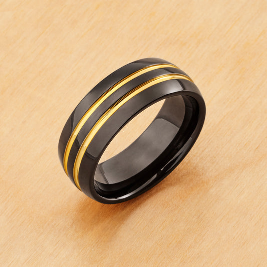 TR980 - Black Plating - Tungsten Ring 8mm, Domed Black IP with Two Yellow IP Stripes