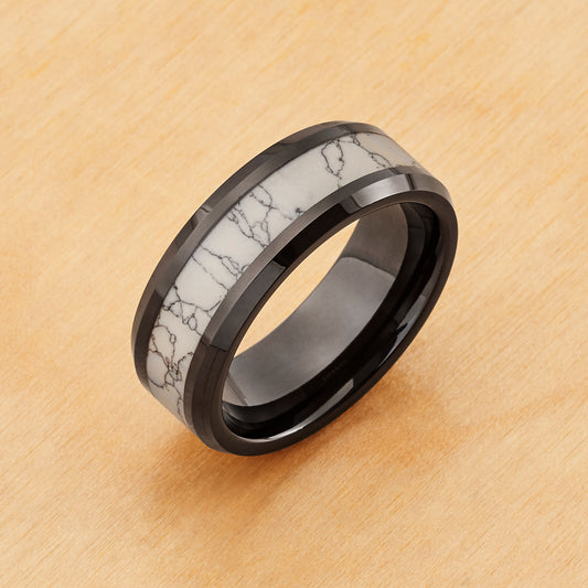 TR981 - Black Plating - Tungsten Ring 8mm, Black IP with Synthetic White Turquoise Inlay Beveled Edge