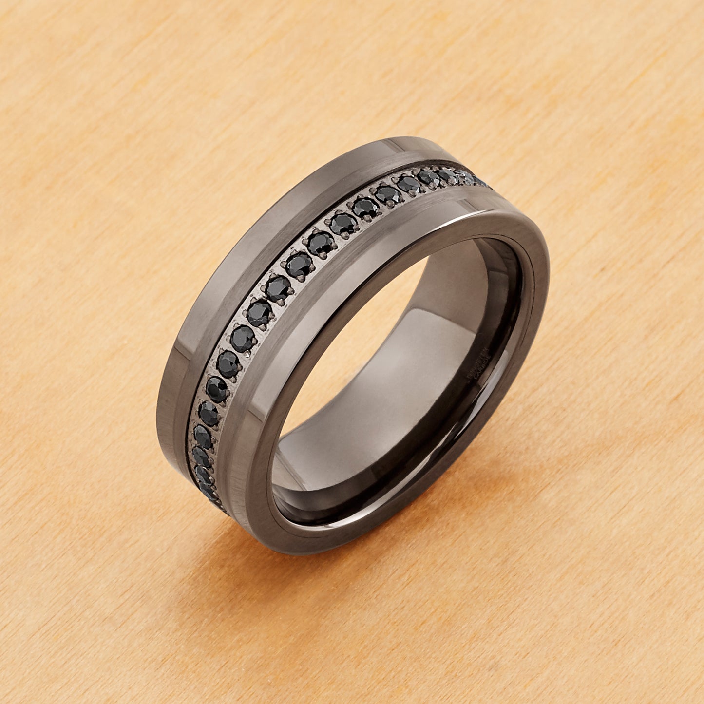 TR985 - Black Plating - Tungsten Ring 8mm, Prong-set Round Black CZs Eternity Band Gun Metal IP Plated